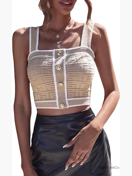 Tops - Sleeveless Square Neck Crop Tank Top Button Front Slim Fit Ribbed Knit